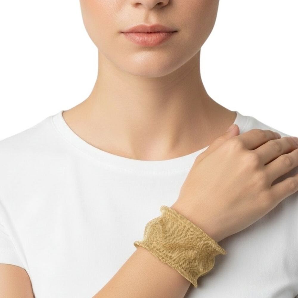 Gold Tone Mesh Wide Cuff Bracelet Slide On Statement Bangle